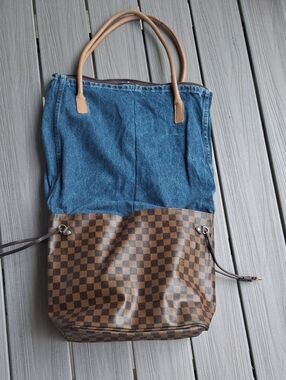 Upcycle LV Denim and Brown Checker Tote Bag with Tan Handles